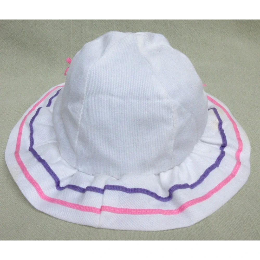 Vintage Beach Baby Bucket Retro Sun Hat- White w/ Pink & Purple Ribbons & Bows